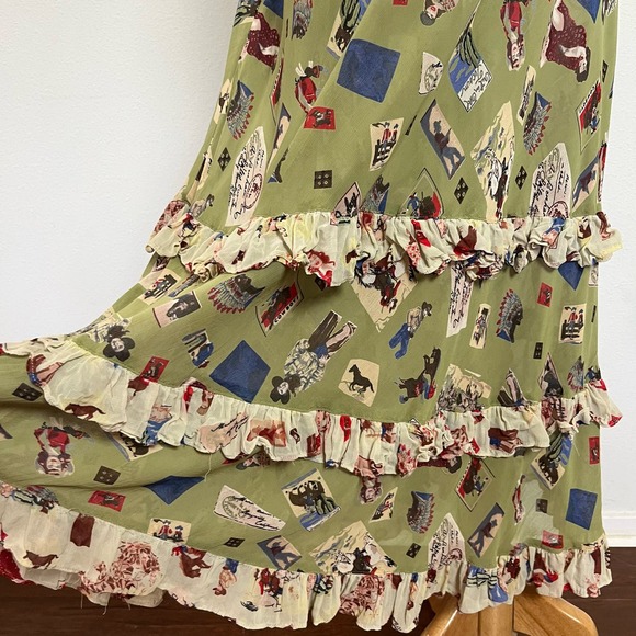 Vintage 90s Does 30s Green Novelty Print Cowboy Maxi Dress // Size Large - Picture 6 of 9